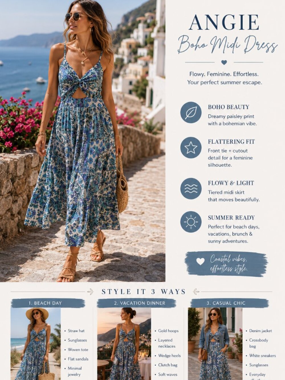 Angie Midi Dress Womens Small Blue Paisley Cutout Tie Front Tiered Coastal Boho